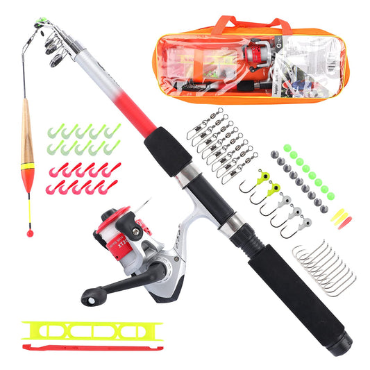 Q-Tac - Kids fishing combo [Pre-assembled & reel spooled] Telescopic fishing rod 165 cm, child's fishing rod ready to use, complete fishing set (Red)