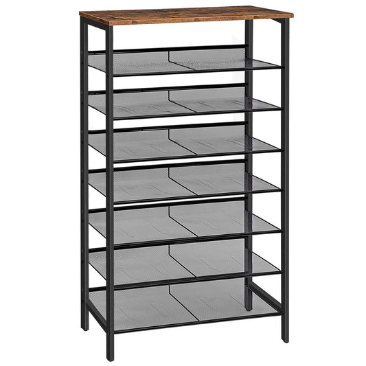 HOOBRO 8-tier shoe rack, tall shoe cabinet, slim shoe storage, flat and tiltable wire grid shelves, metal, for 24-32 pairs, for entryway, hallway, vintage brown-black EBF18XJ01