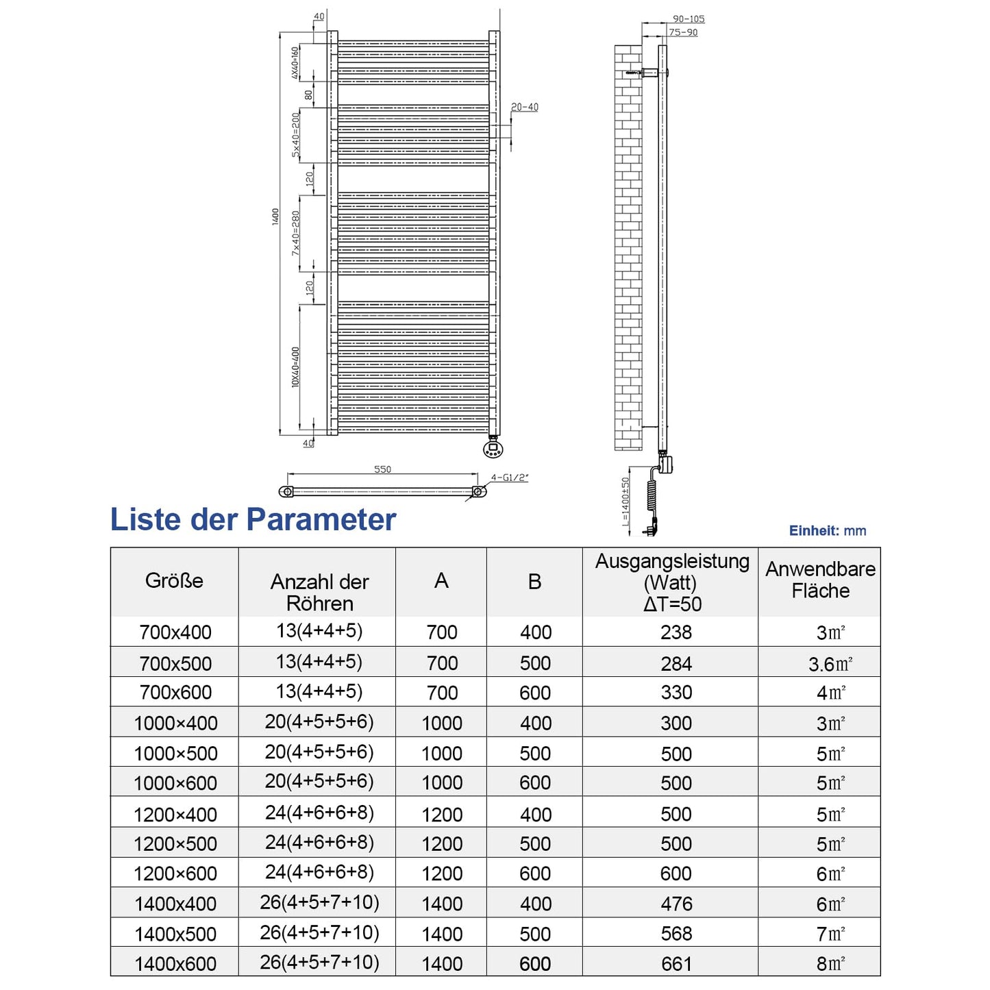 Meykoers electric towel radiator 700 x 400mm with thermostat, bathroom heater in white, 238 watts.