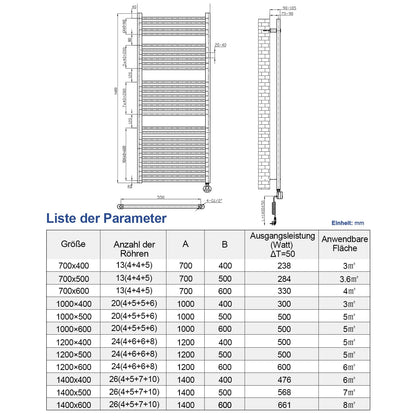 Meykoers electric towel radiator 700 x 400mm with thermostat, bathroom heater in white, 238 watts.