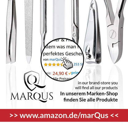 MarQus manicure set for women and men, Solingen, Made in Germany. 7 pieces featuring patented glass file for hand and foot care. Comes with genuine leather case, compact and soft.