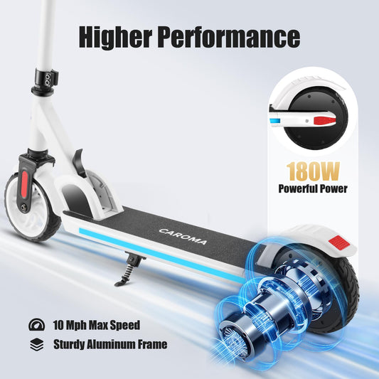 Caroma electric scooter for kids aged 6-14, 180W motor, 16 km/h, 60 min ride time, Adjustable speed & height, Colorful lights, LED display, Foldable kids electric scooter.