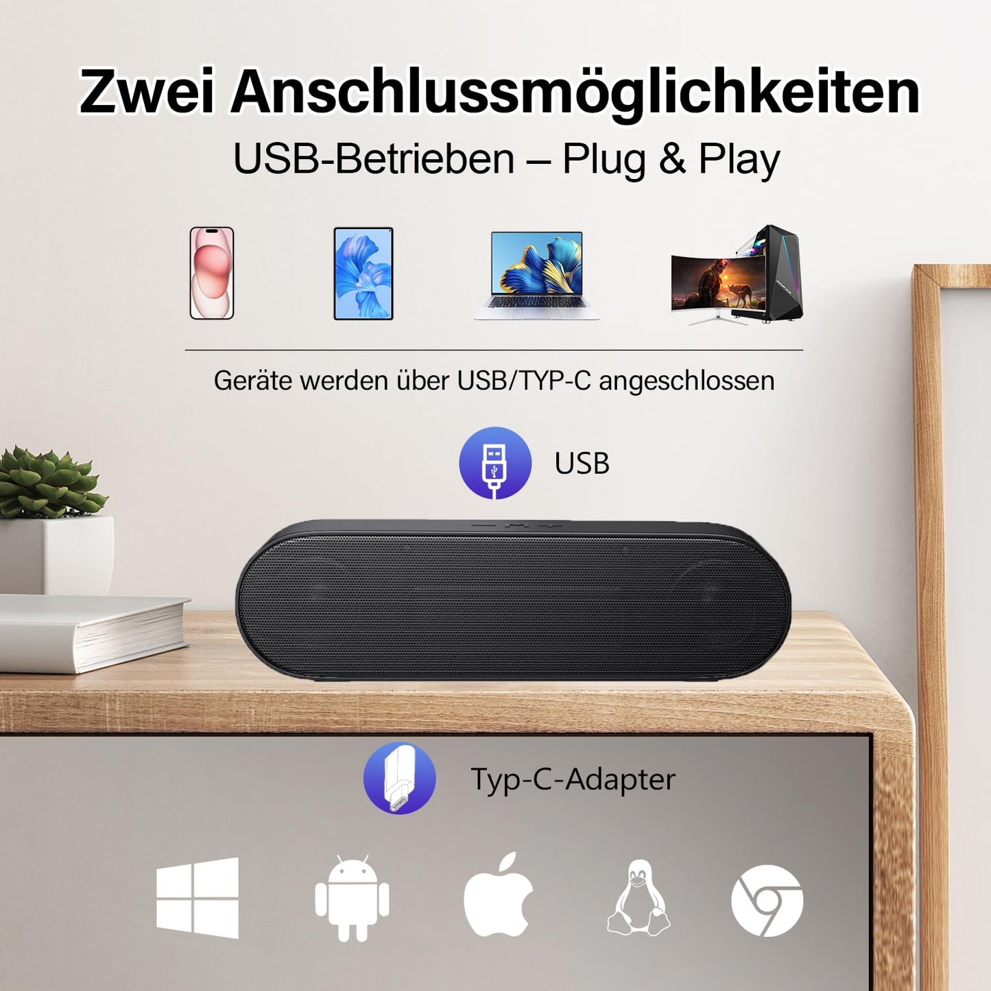 ZETIY PC speakers, USB computer speakers with USB power supply, PC soundbar with USB C connection, USB speakers for desktop, laptop, notebook, plug and play (black)