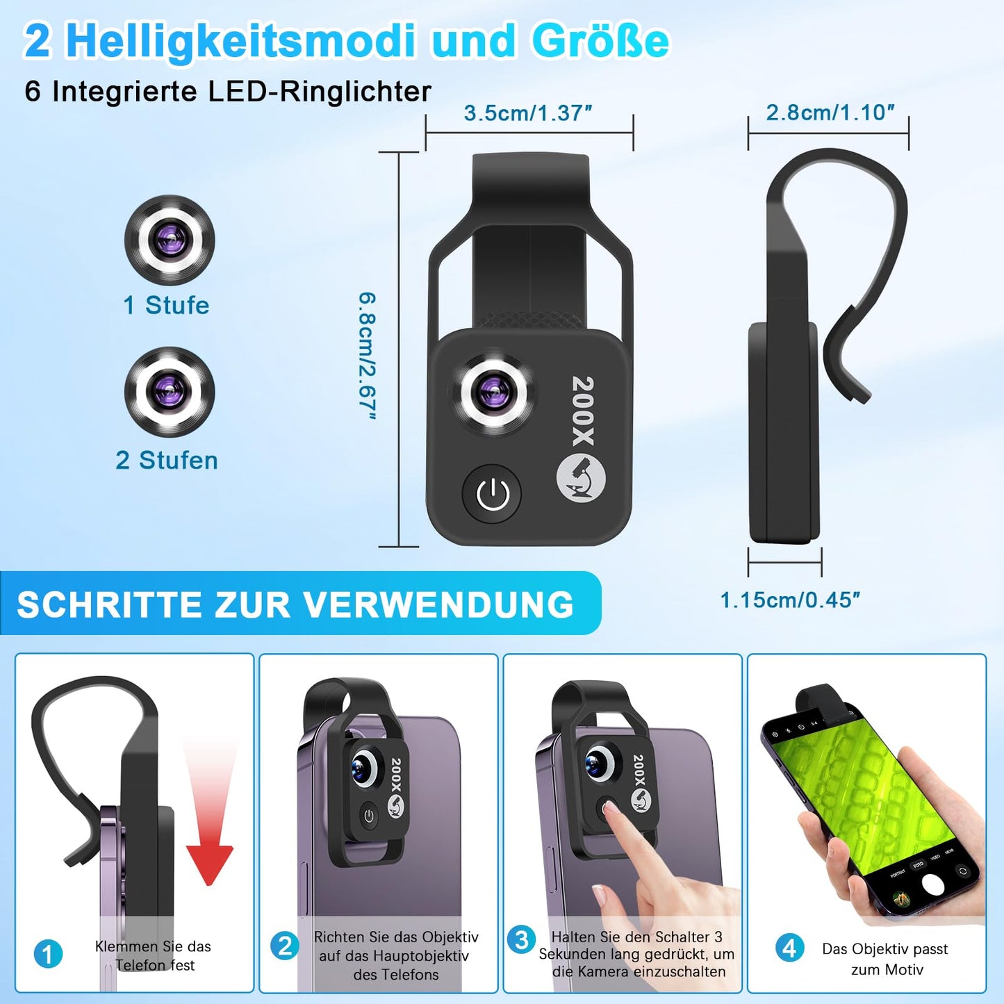 200X mini microscope for smartphone, USB mobile phone microscope for smartphone HD mini microscope, explore Micworld with 200X smartphone microscope.
