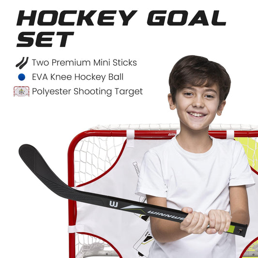 Winnwell Mini Hockey Set 31" - Metal Goal with Net, 2 Sticks, 1 Ball, 1 Target Board, Multicolor