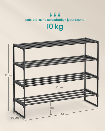 SONGMICS 4-tier shoe rack, made of metal, shoe storage, shoe organizer, can be used vertically or horizontally, holds 20-25 pairs of shoes, stackable, for hallway, 30 x 92 x 75 cm, black LSA14BK