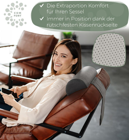 Neck roll for chair with counterweight (100% memory foam), neck pillow for sofa couch hanging, neck support for headboard bed, pillow for lounge chair, ergonomic neck pillow, neck roll