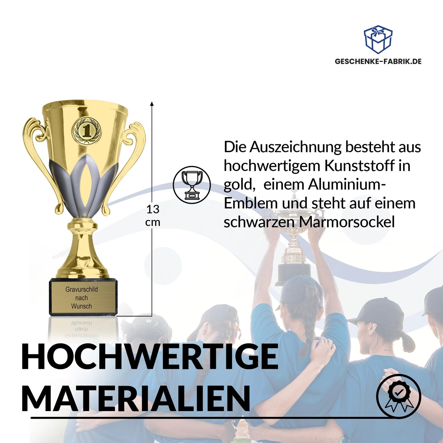 Trophy-Factory.com - Trophy with engraving custom text in gold/silver, 13 cm - personalized award & sports emblem of choice - including marble base - gift trophy - trophy for kids