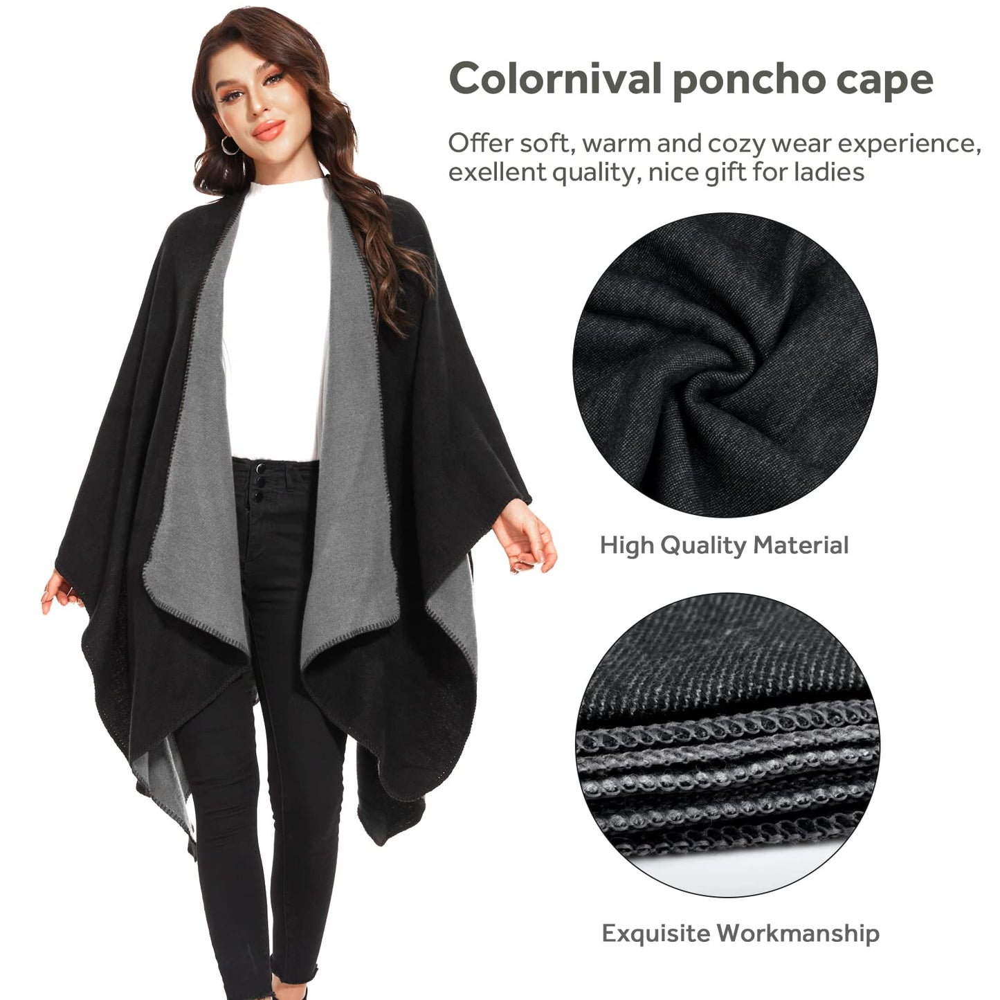 Colornival Women's Winter Poncho - Warm Elegant Blanket Cape Knitted Coat Scarf - Gift for Birthday Christmas (Black)