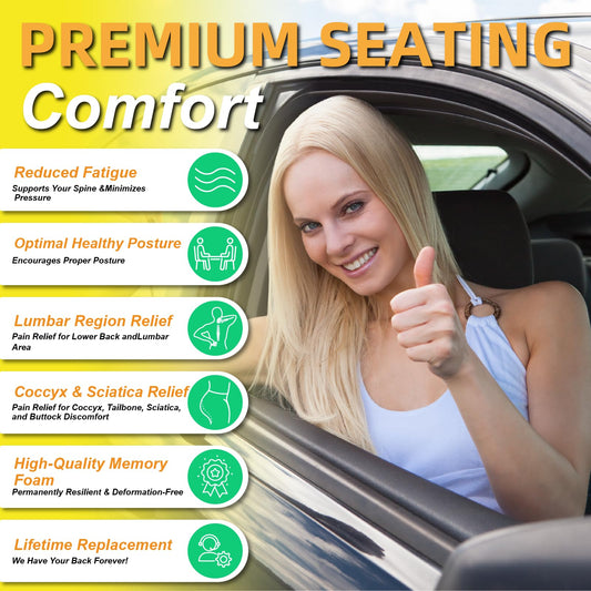 Kingphenix car seat cushion with back support cushion: enhanced comfort memory foam design for pain relief, great for drivers and office use, ergonomic lumbar comfort for extended sitting, Brown