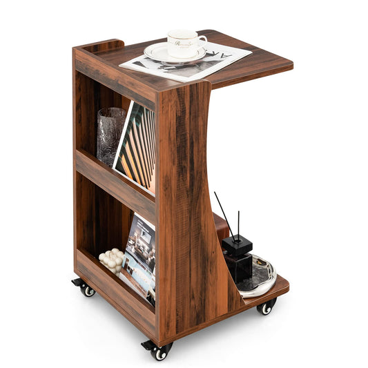 COSTWAY side table with wheels, mobile sofa table with 2 rear storage shelves, C-shape, coffee table for living room, bedroom, 42.5 x 38 x 67 cm, vintage brown.