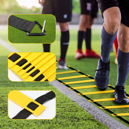 Vigevee Speed & Agility Training Set includes 1 Agility ladder, 6 adjustable hurdles, 12 cones, storage bag. Essential training equipment for all sports.