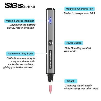 Arrowmax wireless mini rotary tool, Bluetooth, app, magnetic charging, CNC aluminum casing, grinding, polishing, etching, engraving, crafting (SGS MINI)