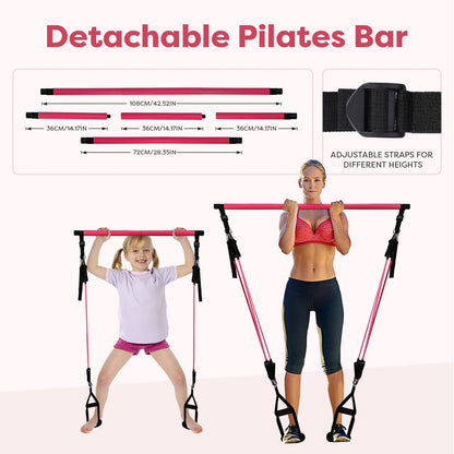 Adjustable Pilates Bar Kit with 6 resistance bands foam handle ankle straps and door anchor for legs hips portable fitness equipment for home for yoga Pilates Stretch shaping Rose