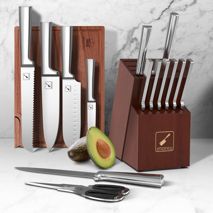 Imarku Knife block with 15-piece Japanese stainless steel knife set, professional kitchen knives with sharpener, one-piece knife for easy cleaning, sharp blades.