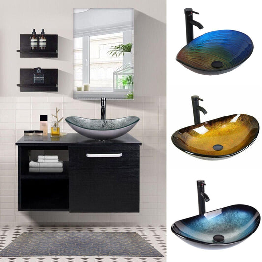 YU YUSING Bathroom Furniture Set Vanity Cabinet Bathroom Cabinet with Sink Base Cabinet Mirror, Bathroom Furniture with Washbasin, Mirror Cabinet, 2 Wall Shelves, Faucet Set (Modern Silver)