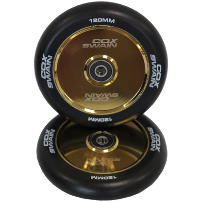 Cox Swain 2 pieces high-end stunt scooter wheels complete set with ABEC 11 bearings and aluminum spacers: Black/Gold Hollowcore 120mm