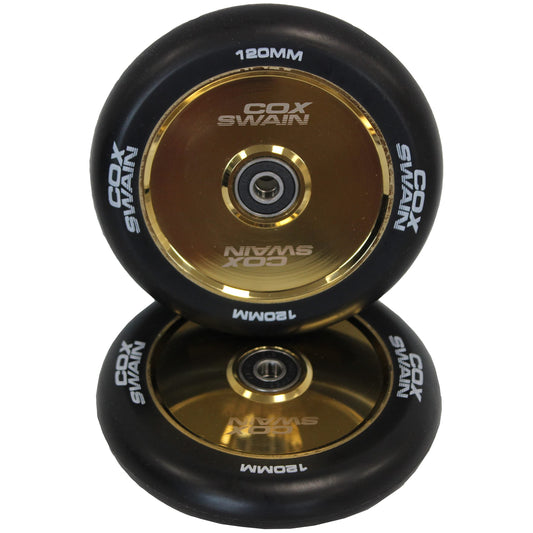 Cox Swain 2 pieces high-end stunt scooter wheels complete set with ABEC 11 bearings and aluminum spacers: Black/Gold Hollowcore 120mm