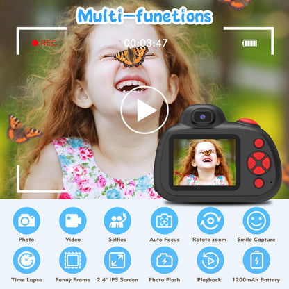BaFuland Kids Camera, 2.4 inch screen digital camera for kids with 32GB card, 28MP/1080P children's camera selfie with 360° rotatable zoom, gifts for boys & girls aged 3-12 years (black)