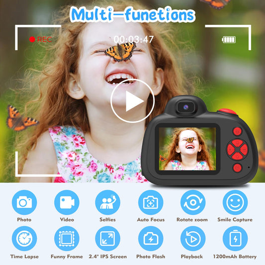 BaFuland Kids Camera, 2.4 inch screen digital camera for kids with 32GB card, 28MP/1080P children's camera selfie with 360° rotatable zoom, gifts for boys & girls aged 3-12 years (black)