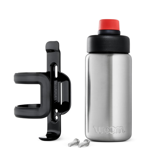 woom GLUG stainless steel bottle with bottle holder, 500ml capacity, spill-proof, designed for kids' bikes, in silver with logo.
