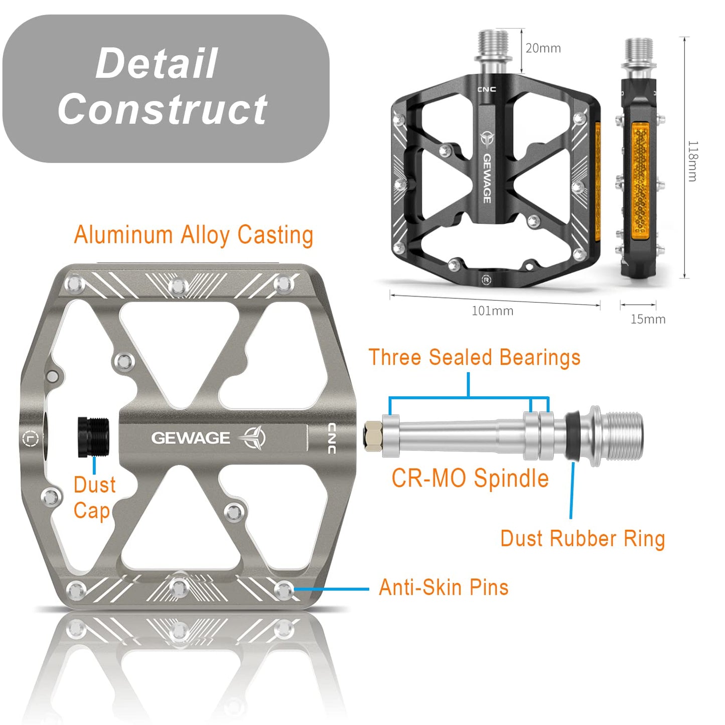 Dareway bike pedals with reflective stripes, 3 sealed bearings, non-slip CNC aluminum bike platform, 9/16 inch pedals for road bike, MTB, e-bike. (Silver)