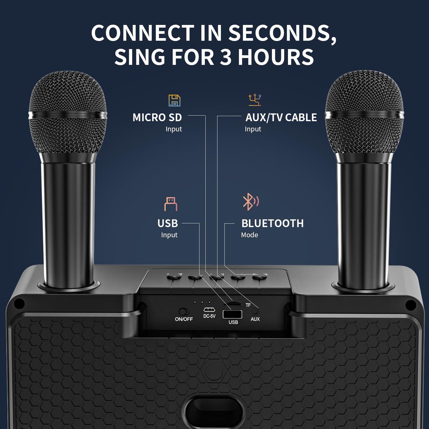 Karaoke Machine for adults and kids with 2 UHF wireless microphones, portable Bluetooth singing speaker, PA system with disco lights, cell phone holder for home, party, picnic (black)