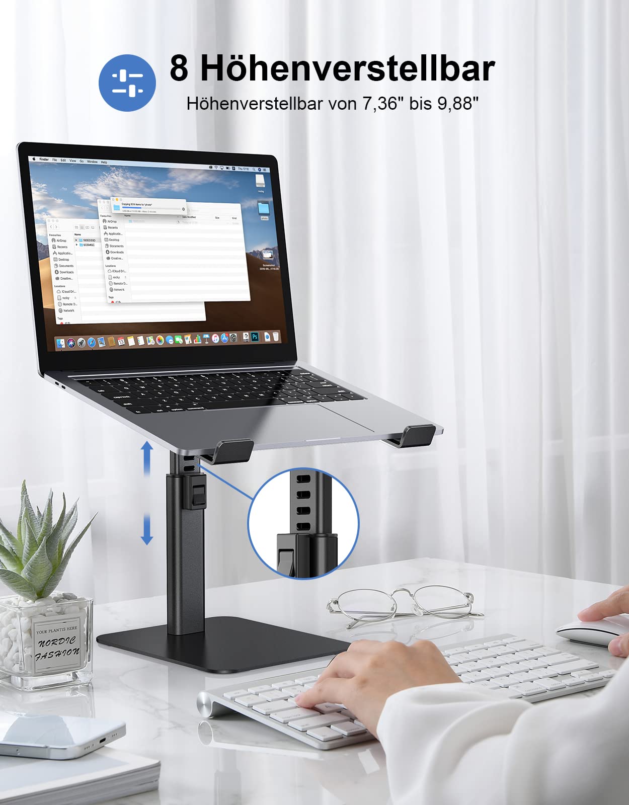 Babacom laptop stand, 8 adjustable heights aluminum cooling pads laptop stand, ergonomic ventilated laptop stand compatible with MacBook, Air, Pro, all 10"-16" notebooks - black
