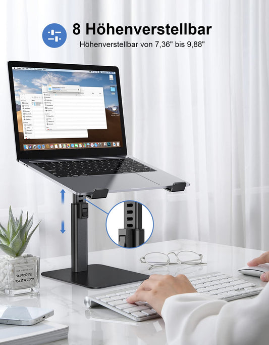 Babacom laptop stand, 8 adjustable heights aluminum cooling pads laptop stand, ergonomic ventilated laptop stand compatible with MacBook, Air, Pro, all 10"-16" notebooks - black