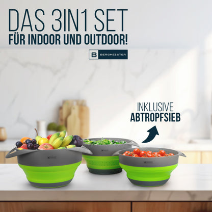 Bergmeister® Foldable Bowl Set 3in1 with Colander 1.7L / 2.8L Multifunctional Dishwasher Safe Space-saving for every home and outdoor camping kitchen