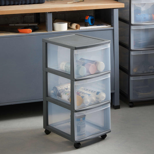 Rotho OPTIMO Tower drawer unit, sturdy plastic rolling cart with 3 drawers, silver body and transparent drawers, approx. 38.5 x 30 x 65.5 cm.
