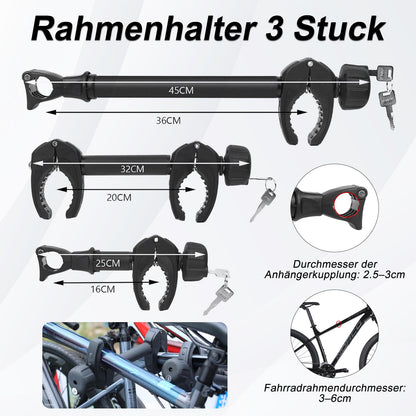 FINEW 3-piece frame holder for bicycle carrier hitch, 45cm + 32cm + 25cm Universal bicycle frame holder Lockable, frame holder for U-bolt tube: Ø 2.5-3cm - Powerful fixation (Patented)