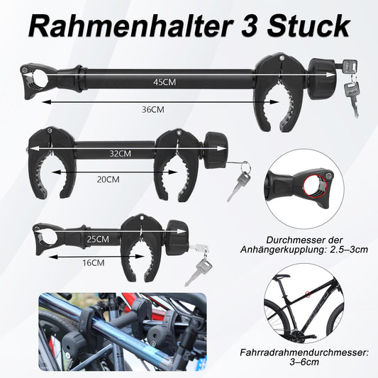 FINEW 3-piece frame holder for bicycle carrier hitch, 45cm + 32cm + 25cm Universal bicycle frame holder Lockable, frame holder for U-bolt tube: Ø 2.5-3cm - Powerful fixation (Patented)