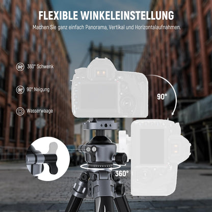 NEEWER LITETRIP LT07 61" Aluminum Travel Tripod, Camera Tripod with Pan Tilt Low Profile Ball Head Arca QR Plate compatible with Peak Design Tripod Plate V3, 2 in 1 Phone Clip Handle Max Load 22lb