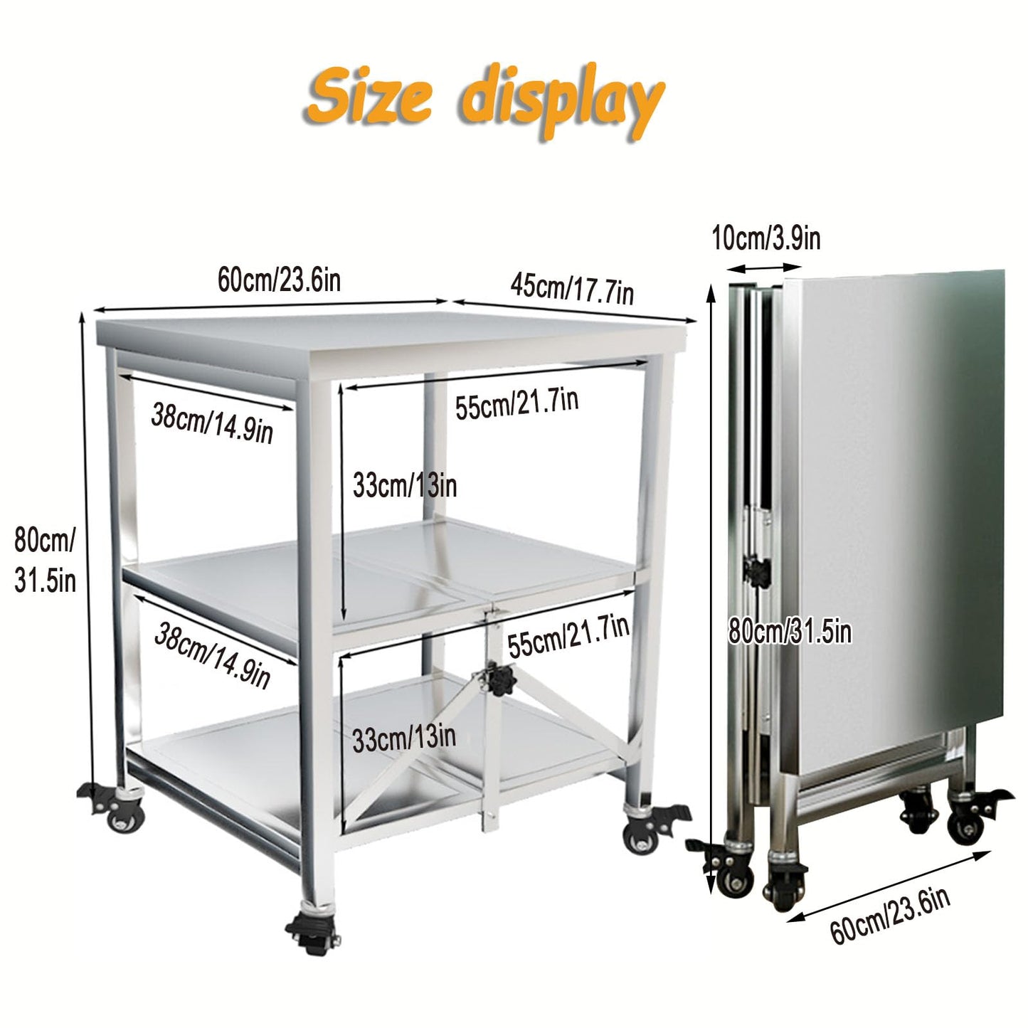 Stainless steel serving cart, 3 shelves foldable transport cart storage shelf trolley with wheels, utility cart for restaurant hotel school household cart (Size: 60X45X80CM)