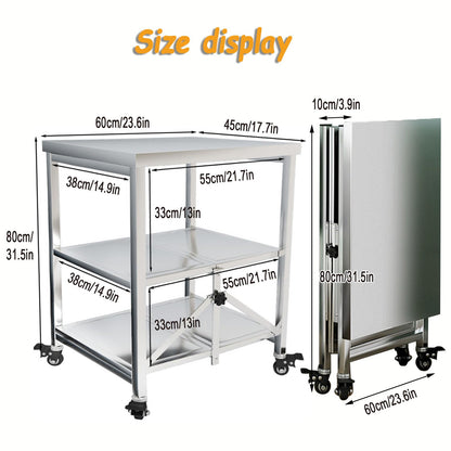 Stainless steel serving cart, 3 shelves foldable transport cart storage shelf trolley with wheels, utility cart for restaurant hotel school household cart (Size: 60X45X80CM)