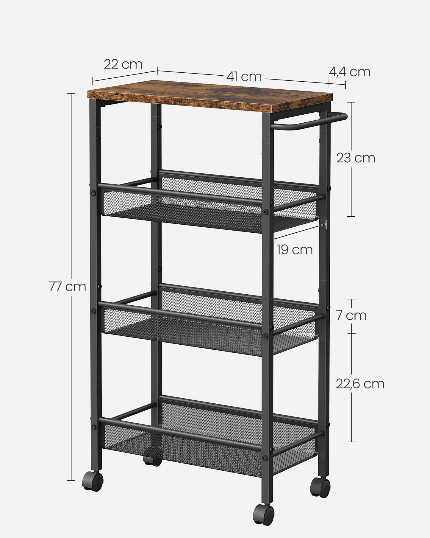 VASAGLE 4-Tier Narrow Kitchen Cart, Slim Rolling Utility Cart, Steel Frame, Handle, for Small Spaces, 8.7 x 17.9 x 30.3 Inches, Kitchen, Bathroom, Living Room, Office, Vintage Brown-Black LRC033B01