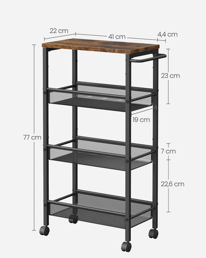 VASAGLE 4-Tier Narrow Kitchen Cart, Slim Rolling Utility Cart, Steel Frame, Handle, for Small Spaces, 8.7 x 17.9 x 30.3 Inches, Kitchen, Bathroom, Living Room, Office, Vintage Brown-Black LRC033B01