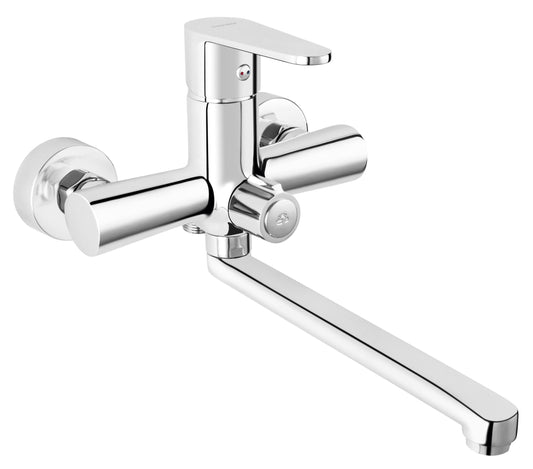Wall-mounted faucet with diverter, connection hose, and shower hose.