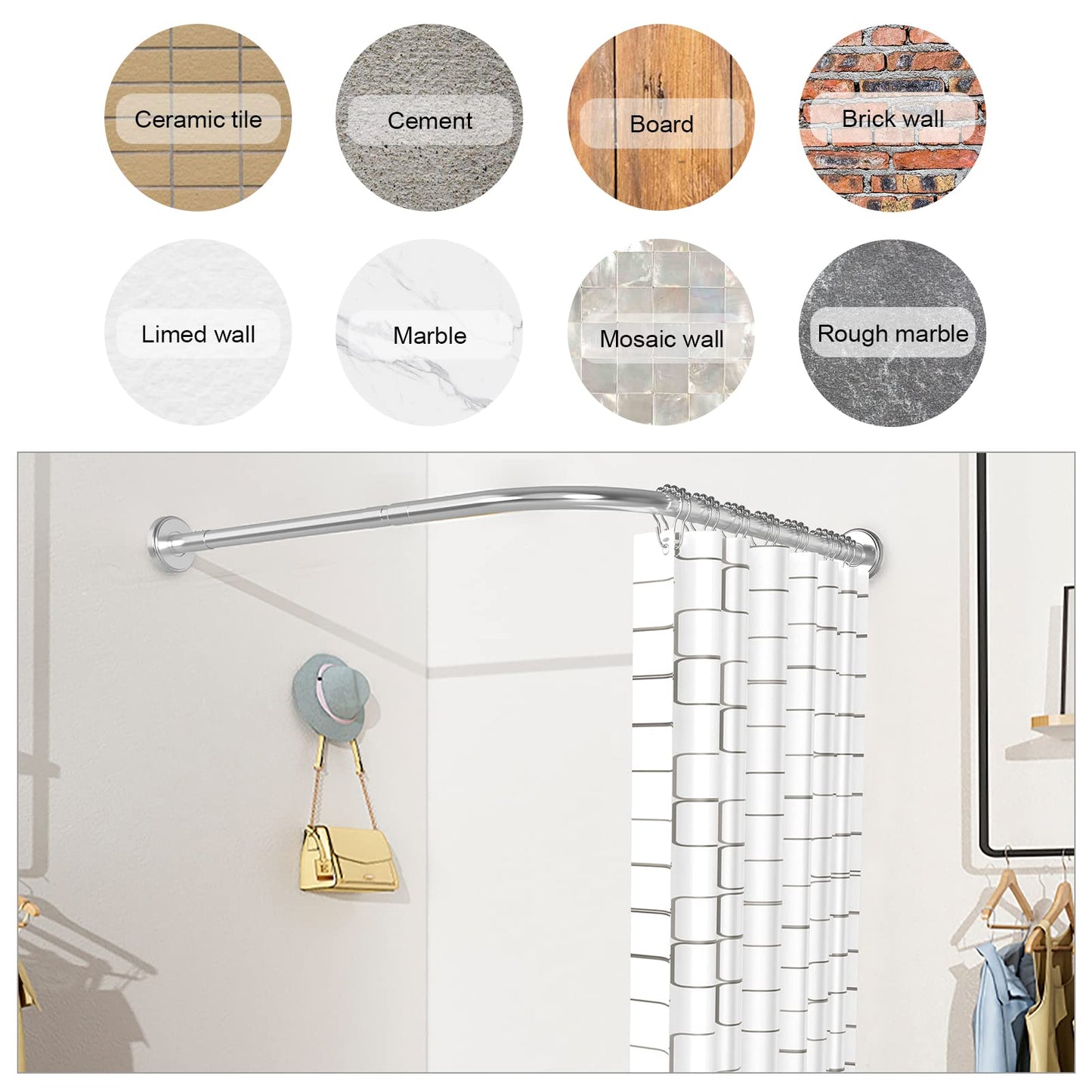 L-shaped adjustable shower curtain rod, 90-120 × 90-120 cm, with 18 stainless steel rings, SUS 304 stainless steel corner shower rod, drill installation, suitable for bathroom & bathtub.