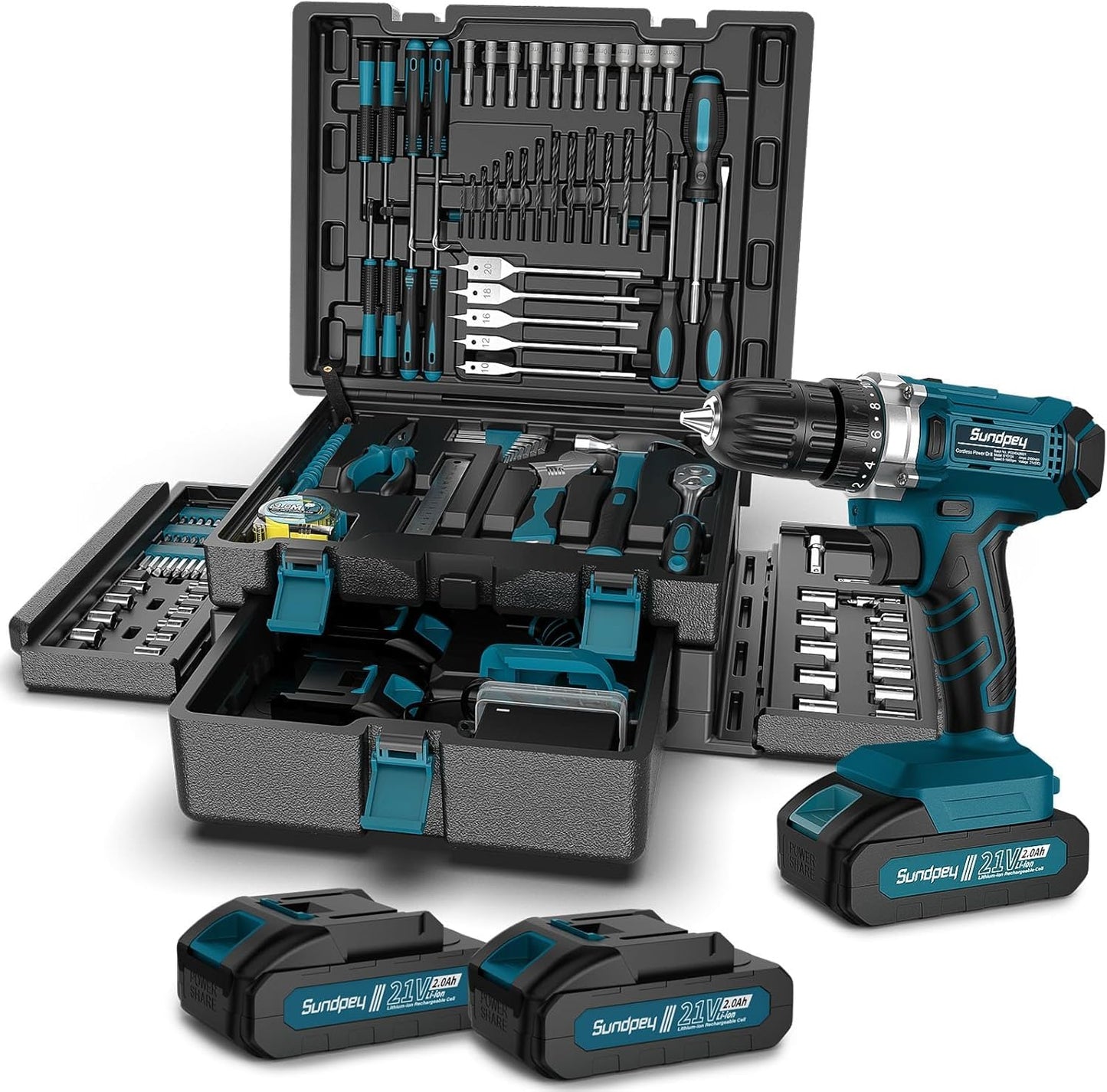 255-piece tool kit with 21V cordless drill - Sundpey cordless drill set with 2 * 2000mAh battery tool kit filled for home/car repairs Toolbox storage case with drawer