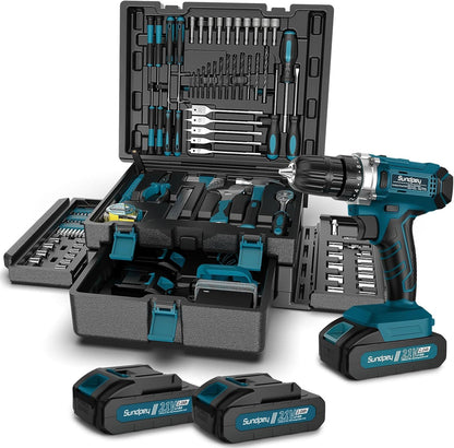 255-piece tool kit with 21V cordless drill - Sundpey cordless drill set with 2 * 2000mAh battery tool kit filled for home/car repairs Toolbox storage case with drawer