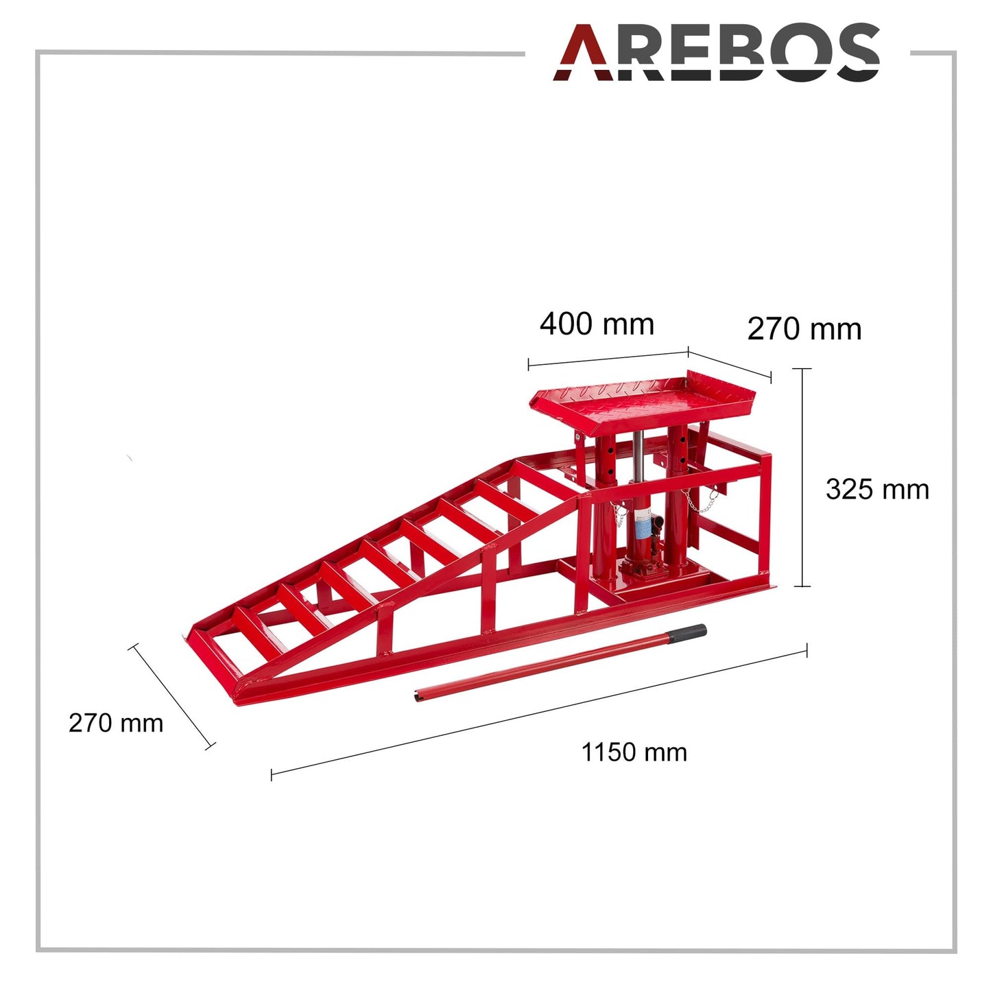 Arebos 2X Loading Ramp with Hydraulic Jack | XXL Car Lift Ramp 245 mm Loading Width | Lift Platform with Safety/Overflow Valve | Height Adjustable 2 T | Red