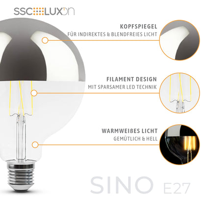 SSC-LUXon 2 Pieces SINO Mirror Head Bulb LED with warm white light E27 Socket - Globe XL Mirror Head Lamp silver 5W