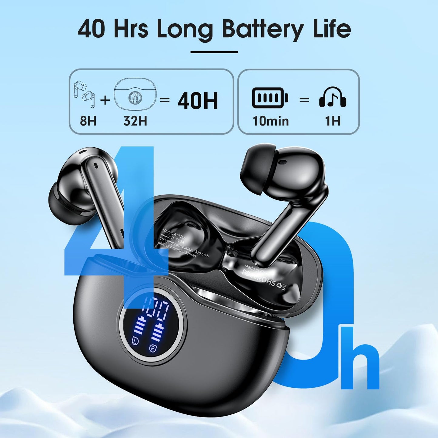 Bluetooth headphones, Wireless Bluetooth 5.3 In-Ear Headphones with LED Indicator, 40 Hrs ENC Noise Cancelling Dual Mic HiFi Stereo Headphones, IP7 Waterproof in-ear Earphones for Sports and Work.