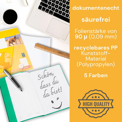 perfect line - 125 notebook covers A5, 5 colors - notebook cover transparent embossed - notebook protector made of recyclable PP, document-proof (5 sets (5 x 25 pcs.)