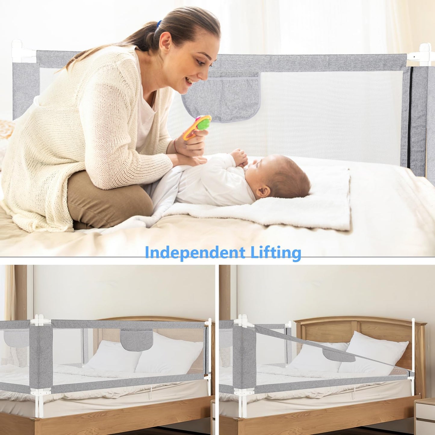 Ikodom Bed Rail Guard 200cm Bed Safety Guard, Children's Bed Rail for Kids & Parent Beds, Adjustable Height 64-96cm with Mesh, Stable, Gray