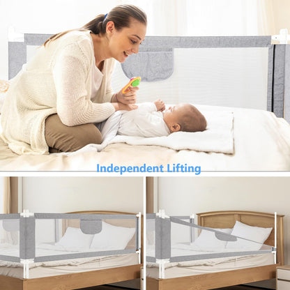 Ikodom Bed Rail Guard 200cm Bed Safety Guard, Children's Bed Rail for Kids & Parent Beds, Adjustable Height 64-96cm with Mesh, Stable, Gray