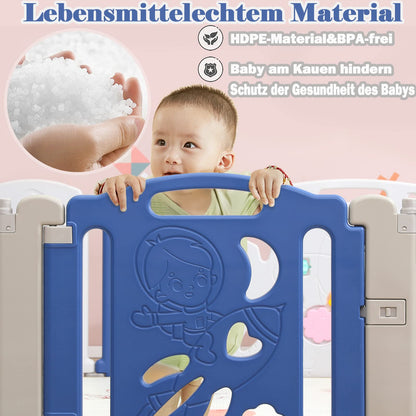 Foldable baby playpen, play yard with door and toy board, 12 panel blue+white baby gate, plastic playpen (12 pieces)