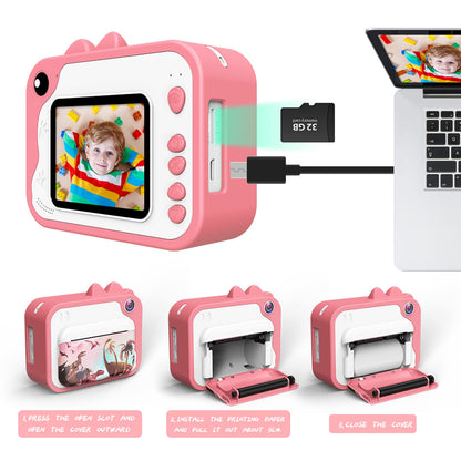 Children's camera, digital camera instant print camera 1080P 2.4 inch screen video camera black and white photo camera with 32GB memory card, 3 rolls of printing paper, 5 colored brush pens gift for children